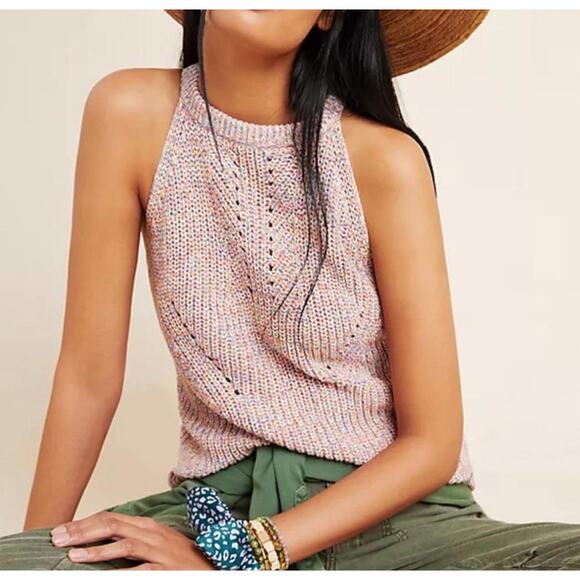 Anthropologie Isla Sweater Tank Size XL Pointelle Knit Halter Rainbow Pastel - Picture 2 of 14